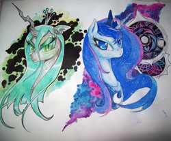 Size: 1793x1483 | Tagged: safe, artist:karlosbaygorriakb, princess luna, queen chrysalis, alicorn, changeling, changeling queen, pony, female, horn, traditional art