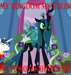 Size: 540x570 | Tagged: safe, edit, edited screencap, screencap, queen chrysalis, shining armor, changeling, changeling queen, pony, unicorn, a canterlot wedding, clothes, female, hypnosis, hypnotized, male, meme, open mouth, spread wings, stallion, text, wings