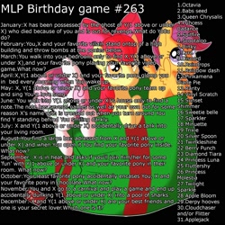 Size: 2000x2000 | Tagged: safe, apple bloom, applejack, discord, fluttershy, king sombra, pinkie pie, queen chrysalis, rainbow dash, rarity, scootaloo, spitfire, sweetie belle, trixie, twilight sparkle, birthday game, cutie mark crusaders, exploitable meme, mane six, meme, pinkamena diane pie, text