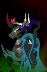 Size: 719x1111 | Tagged: safe, artist:l9obl, color edit, edit, king sombra, queen chrysalis, changeling, changeling queen, pony, unicorn, chrysombra, colored, couple, female, love, male, shipping, straight