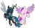 Size: 1647x1305 | Tagged: safe, artist:cuttycommando, princess cadance, queen chrysalis, alicorn, changeling, changeling queen, pony, female, hooves, horn, lineless, mare, simple background, solo, spread wings, transparent background, wings