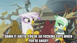 Size: 926x517 | Tagged: safe, derpibooru import, edit, edited screencap, screencap, gilda, greta, griffon, the lost treasure of griffonstone, caption, cute, female, grelda, image macro, lesbian, meme, shipping, vulgar