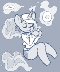 Size: 1280x1521 | Tagged: safe, artist:itsunkownanon, princess luna, alicorn, pony, bagel, bread, eating, eyes closed, food, hat, magic, monochrome, solo