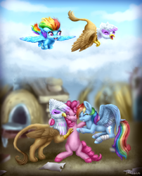 Size: 1584x1962 | Tagged: safe, artist:9de-light6, derpibooru import, gilda, pinkie pie, rainbow dash, earth pony, griffon, pegasus, pony, the lost treasure of griffonstone, filly