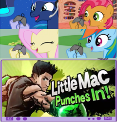 Size: 833x866 | Tagged: safe, babs seed, fluttershy, princess luna, rainbow dash, alicorn, pegasus, pony, controller, exploitable meme, eyes closed, female, gamer babs, gamer luna, gamerdash, gamershy, happy, hoof hold, little mac (punch out), mare, meme, obligatory pony, open mouth, pink mane, punch out, screen, smiling, super smash bros., super smash bros. 4, tv meme, yellow coat