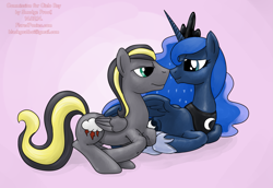 Size: 1453x1000 | Tagged: safe, artist:smudge proof, princess luna, oc, oc:cielo ray, alicorn, pegasus, pony, boop, commission, eye contact, female, hearts and hooves day, hug, male, noseboop, prone, romantic, smiling, spread wings, straight, winghug