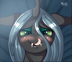 Size: 825x710 | Tagged: safe, artist:skyart301, queen chrysalis, changeling, changeling queen, bedroom eyes, blushing, bueno, close-up, female, looking at you, solo, tongue out