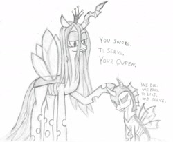 Size: 1974x1626 | Tagged: safe, artist:paskanaakka, queen chrysalis, changeling, changeling queen, changeling officer, monochrome, sketch, traditional art