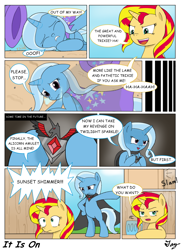 Size: 1200x1650 | Tagged: safe, artist:tikyotheenigma, sunset shimmer, trixie, pony, alicorn amulet, alternate universe, cape, clothes, comic, crying, hat, impact, revenge, this will end in tears