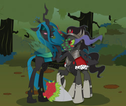 Size: 1024x863 | Tagged: safe, artist:dr-whiskey, king sombra, queen chrysalis, changeling, changeling queen, pony, unicorn, blushing, bouquet, chrysombra, female, flower, king sombra gets all the mares, kiss mark, lipstick, lucky bastard, male, shipping, straight