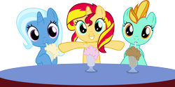 Size: 4563x2260 | Tagged: safe, artist:vector-brony, lightning dust, sunset shimmer, trixie, pegasus, pony, unicorn, :3, cute, diatrixes, dustabetes, female, filly, filly lightning dust, filly sunset shimmer, filly trixie, looking at you, milkshake, milkshake ponies, shimmerbetes, simple background, smiling, transparent background, vector