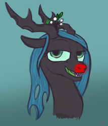 Size: 646x755 | Tagged: safe, artist:rainbow-dosh, queen chrysalis, changeling, changeling queen, reindeer, christmas changeling, mistletoe, rudolph the red nosed reindeer, solo