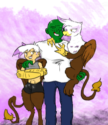 Size: 816x939 | Tagged: safe, artist:vinny, derpibooru import, gilda, oc, oc:alex, oc:anon, griffon, human, satyr, anonymous, daughter, family, family photo, father, interspecies, mother, offspring, parent:gilda