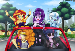 Size: 1760x1200 | Tagged: safe, artist:lucy-tan, adagio dazzle, sci-twi, starlight glimmer, sunset shimmer, trixie, twilight sparkle, equestria girls, armpits, belly button, bubblegum, car, cleavage, clothes, female, food, jeans, midriff, pants, ripped jeans, sunglasses, tanktop, twilight's counterparts, wink