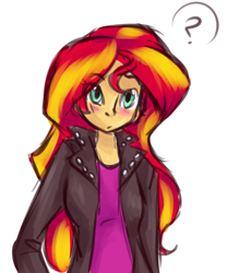 Size: 774x883 | Tagged: safe, artist:fizzy-dog, sunset shimmer, equestria girls, friendship games, blushing, cute, explicit source, question mark, shimmerbetes, solo