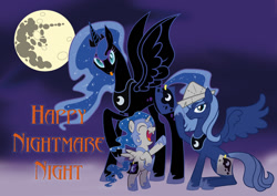 Size: 1024x724 | Tagged: safe, artist:megablack0x, nightmare moon, princess luna, alicorn, pony, accessory swap, cartographer's cap, cute, filly, happy halloween, hat, lunar trinity, mane swap, moonstuck, multeity, nightmare mlem, nightmare night, nightmare woon, raised hoof, s1 luna, tongue out, triality, woona