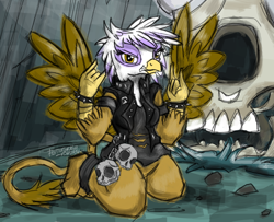 Size: 1024x833 | Tagged: safe, artist:flutterthrash, derpibooru import, gilda, anthro, griffon, looking at you, metal