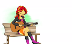 Size: 1780x1072 | Tagged: safe, artist:twilite-sparkleplz, sunset shimmer, equestria girls, bench, boots, clothes, crossed legs, eyes closed, guitar, jacket, leather, leather jacket, simple background, skirt, solo, white background