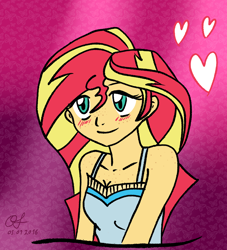 Size: 1600x1759 | Tagged: safe, artist:owlisun, sunset shimmer, equestria girls, blushing, cute, freckles, heart, smiling, solo, traditional art