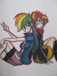 Size: 1024x1365 | Tagged: safe, artist:butaniku48, rainbow dash, sunset shimmer, equestria girls, back to back, human coloration, humanized, sitting, traditional art