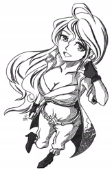 Size: 1250x1920 | Tagged: safe, artist:enyoiyourself, sunset shimmer, human, belly button, breasts, clothes, coat, female, gloves, humanized, looking at you, midriff, monochrome, one piece, sarashi, solo