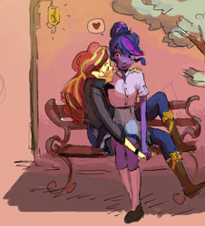 Size: 686x758 | Tagged: safe, artist:ethicaltea, sci-twi, sunset shimmer, twilight sparkle, equestria girls, bench, blushing, cute, female, heart, lesbian, scitwishimmer, shipping, sunsetsparkle, twiabetes