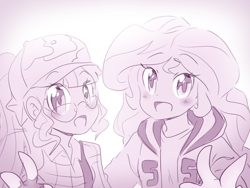 Size: 1280x960 | Tagged: safe, artist:thegreatrouge, sci-twi, sunset shimmer, twilight sparkle, equestria girls, legend of everfree, alternate universe, blushing, camp everfree, cap, cute, female, hat, lesbian, monochrome, scitwishimmer, shimmerbetes, shipping, sunsetsparkle, twiabetes, undertale