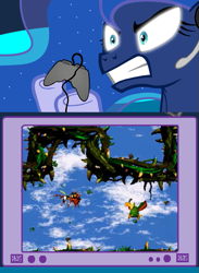 Size: 563x769 | Tagged: safe, princess luna, alicorn, pony, angry, animal antics, brambles, donkey kong, donkey kong country, donkey kong country 2, exploitable meme, gamer luna, meme, nintendo, obligatory pony, rareware, squawks, tv meme, zinger