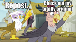 Size: 1920x1064 | Tagged: safe, derpibooru import, edit, screencap, gilda, grampa gruff, griffon, the lost treasure of griffonstone, blind eye, discovery family logo, duo, eye scar, female, fez, frown, gilda is not amused, hat, image macro, imitation, looking at you, male, meme, meta, open mouth, pointing, scar, smiling, unamused