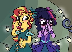 Size: 2320x1680 | Tagged: safe, artist:dreamcastlesbian, artist:stardustspirals, sci-twi, sunset shimmer, twilight sparkle, equestria girls, legend of everfree, blushing, clothes, dress, female, lesbian, scene interpretation, scitwishimmer, shipping, sunsetsparkle