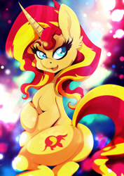 Size: 1358x1920 | Tagged: safe, artist:rariedash, sunset shimmer, pony, unicorn, beautiful, bunset shimmer, colored pupils, female, looking back, mare, plot, solo