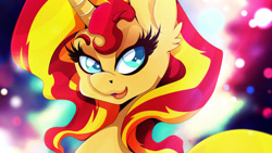 Size: 1920x1080 | Tagged: safe, artist:rariedash, sunset shimmer, pony, unicorn, beautiful, colored pupils, female, looking back, mare, solo, wallpaper