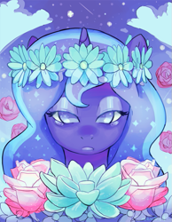 Size: 649x836 | Tagged: safe, artist:mewball, princess luna, alicorn, pony, bust, crying, female, floral head wreath, flower, looking at you, mare, no pupils, portrait, solo