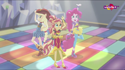 Size: 1366x768 | Tagged: safe, screencap, applejack, pinkie pie, sunset shimmer, dance magic, equestria girls, spoiler:eqg specials, cute, dancing, jackabetes, ponied up, shimmerbetes, teletoon