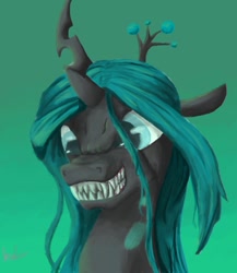 Size: 833x959 | Tagged: dead source, safe, artist:andersbaker, queen chrysalis, changeling, changeling queen, female, horn, solo