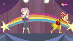 Size: 1600x908 | Tagged: safe, screencap, fluttershy, sunset shimmer, dance magic, equestria girls, spoiler:eqg specials, alternate hairstyle, ballet slippers, clothes, duo, female, high heels, shoes, skirt, teletoon, tutu