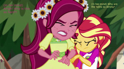 Size: 1280x720 | Tagged: safe, edit, edited screencap, screencap, gloriosa daisy, sunset shimmer, equestria girls, legend of everfree, camp everfree, camp everfree outfits, clenched teeth, eyes closed, flower, flower in hair, pregnant, pregnant edit, tree