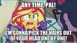 Size: 600x337 | Tagged: safe, edit, edited screencap, screencap, sci-twi, sunset shimmer, twilight sparkle, equestria girls, friendship games, a bug's life, angry, exploitable meme, image macro, meme, sunset yells at twilight