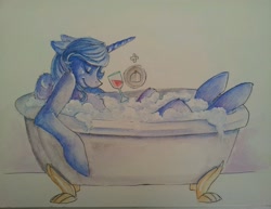 Size: 1587x1224 | Tagged: safe, princess luna, alicorn, pony, bath, bathtub, claw foot bathtub, eyes closed, painting, s1 luna, solo, traditional art, wine, wine glass