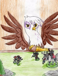 Size: 2405x3163 | Tagged: safe, artist:40kponyguy, derpibooru exclusive, derpibooru import, gilda, griffon, dice, looking at you, solo, space marine, space wolves, traditional art, warhammer (game), warhammer 40k