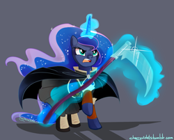 Size: 1915x1536 | Tagged: safe, artist:cherryviolets, princess luna, alicorn, pony, clothes, crossover, discworld, magic, scythe, solo, susan sto helit