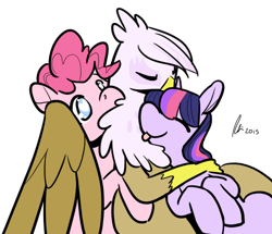 Size: 500x429 | Tagged: safe, artist:rwl, derpibooru import, gilda, pinkie pie, twilight sparkle, earth pony, griffon, pony, unicorn, cute, female, gilda gets all the mares, gildadorable, gildalight, gildapie, hug, lesbian, mare, ot3, polyamory, shipping, twilda, twildapie