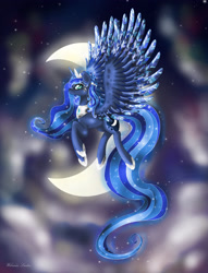 Size: 2141x2800 | Tagged: safe, artist:wilvarin-liadon, princess luna, alicorn, pony, crescent moon, crown, female, flying, jewelry, mare, moon, night, regalia, solo, stars, transparent moon