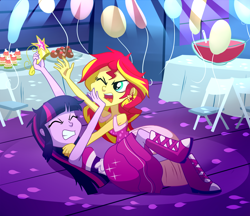 Size: 1500x1293 | Tagged: safe, artist:madmax, sunset shimmer, twilight sparkle, equestria girls, equestria girls (movie), balloon, big crown thingy, catfight, choking, clothes, crown, dress, fight, hilarious in hindsight, party