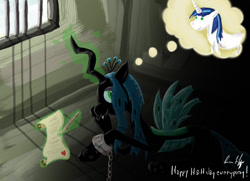 Size: 1050x761 | Tagged: safe, artist:simonippo, queen chrysalis, shining armor, changeling, changeling queen, pony, unicorn, chains, female, heart, love letters, male, prison, prisoner, shining chrysalis, shipping, straight, thought bubble