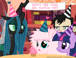 Size: 650x500 | Tagged: safe, artist:mixermike622, queen chrysalis, twilight sparkle, oc, oc:fluffle puff, changeling, changeling queen, anniversary, candle, cupcake, dan, dan vs, hat, party hat, tumblr, tumblr:ask fluffle puff