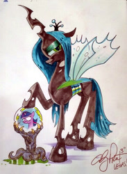 Size: 499x682 | Tagged: safe, artist:andypriceart, queen chrysalis, twilight sparkle, changeling, changeling queen, crystal ball, female, horn