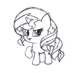 Size: 1619x1589 | Tagged: safe, artist:bluey1996, sunset shimmer, pony, chibi, monochrome, raised hoof, solo, traditional art