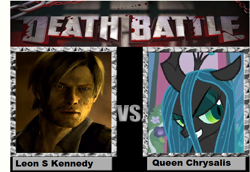 Size: 682x469 | Tagged: safe, queen chrysalis, changeling, changeling queen, death battle, leon s. kennedy, meme, resident evil