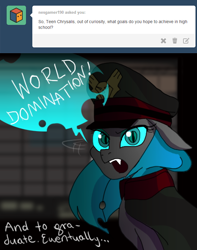 Size: 500x635 | Tagged: safe, artist:jokerpony, queen chrysalis, changeling, changeling queen, ask teen chrysalis, ask, cape, clothes, hat, looking at you, m. bison, of course, open mouth, solo, tumblr